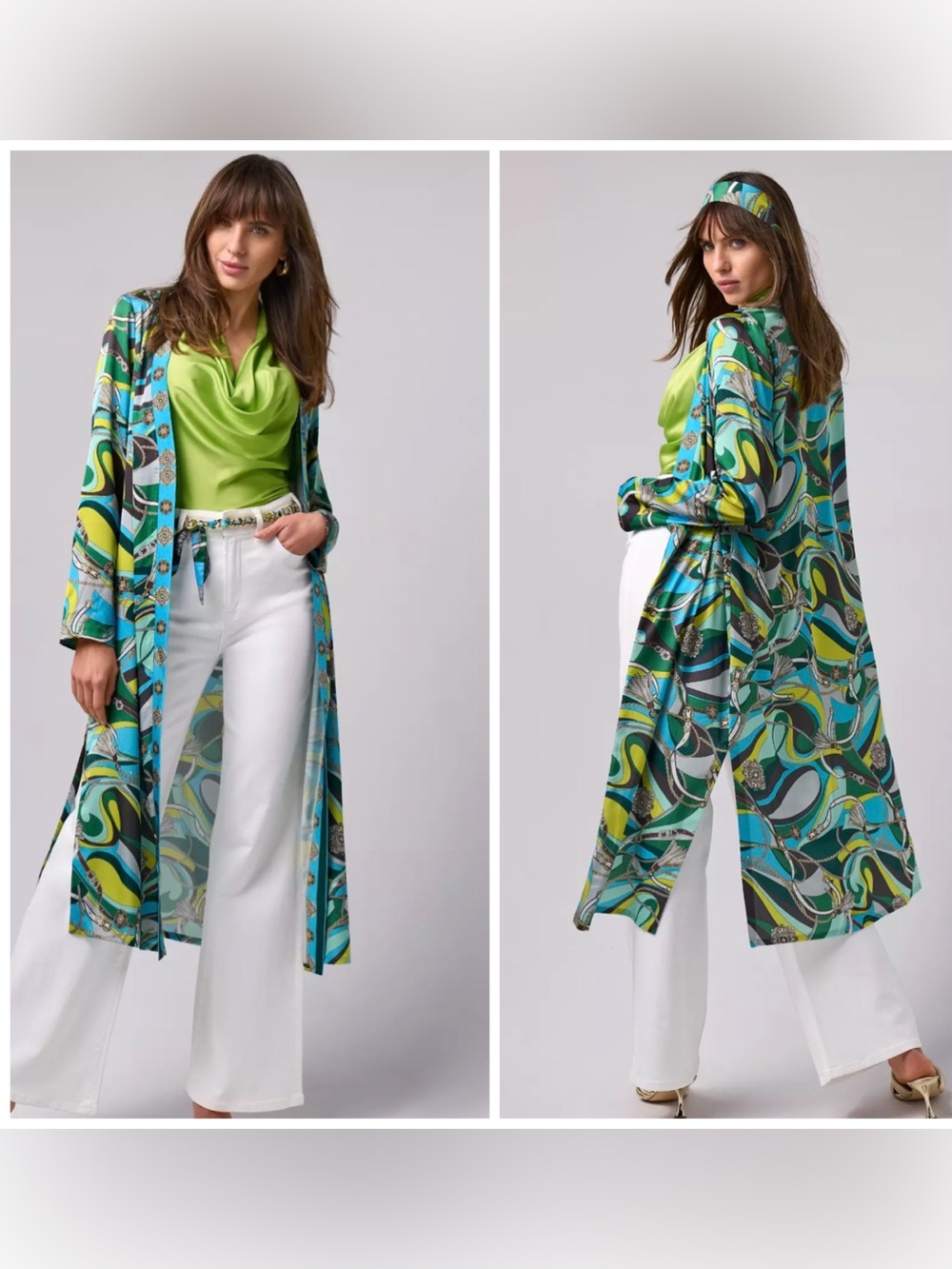 Boston Proper Duster Topper Psychedelic Belt Chain Charmeuse Boho Statement Euro